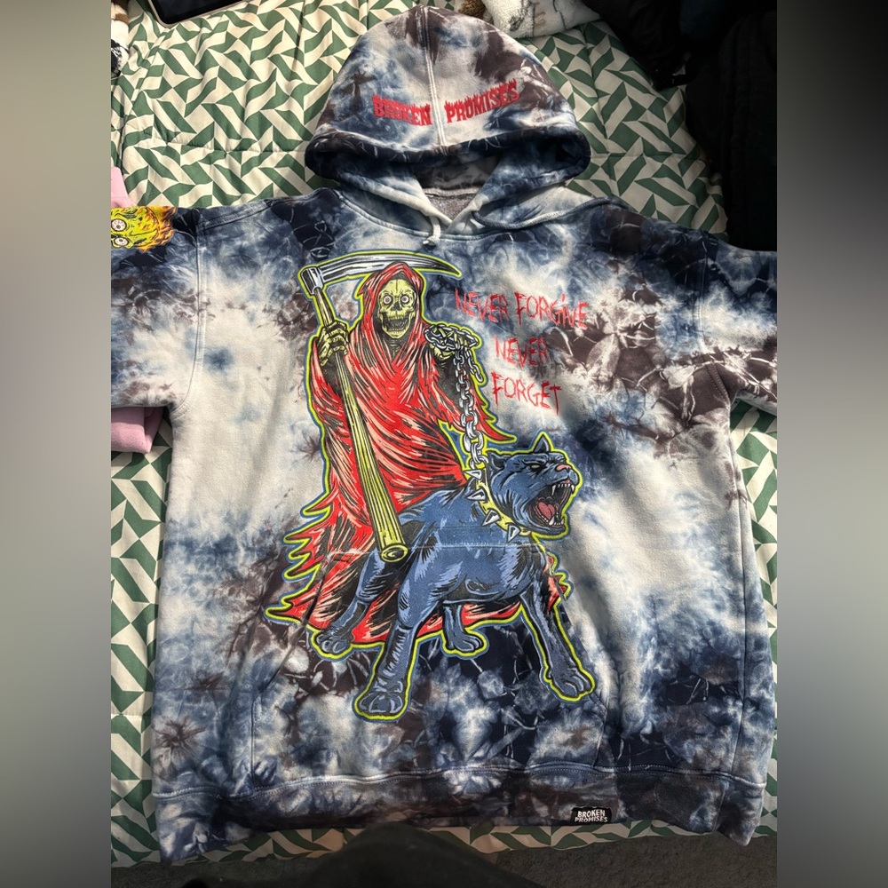Graphic Hoodie with Grim Reaper Design - Blue and Red